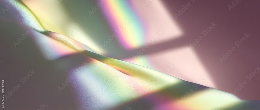 Poster a captivating abstract design with flowing forms, vibrant iridescent hues, and soft light reflection
