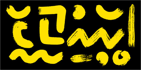 Grunge vector set with isolated brush stains. Features rough texture swash, curly strokes, triangle and circle shapes in yellow. Perfect for collage, retro graffiti logo, splash, banner or mosaic.