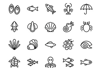 Marine Life and Seafood Line Art Icons Collection ocean fish