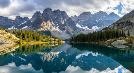 Fototapeta premium Stunning mountain vista reflected perfectly in a serene turquoise lake surrounded by lush pine forests