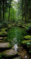 Fototapeta premium Tranquil forest stream reflecting lush greenery