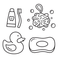 Hand drawn Bathroom Vector Bundle – Duck, Body Scrubber, Soap Bar, Toothbrush and Toothpaste