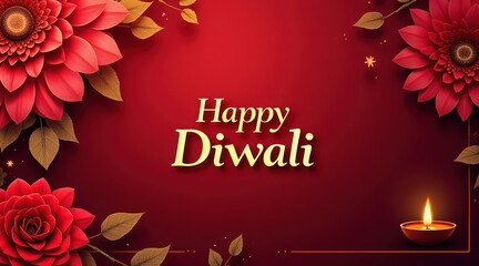 Elegant happy diwali text with red flowers and diya, indian festival of lights celebration