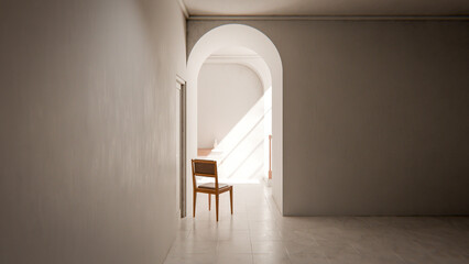 A serene 3D render of a wooden chair placed in a bright hallway with soft sunlight streaming through an arched passage, creating a minimalist and calming architectural interior scene.