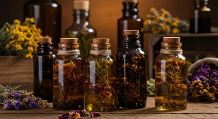 Glass Bottles with Herbal Infusions and Dried Flowers on Rustic Wooden Table Display
