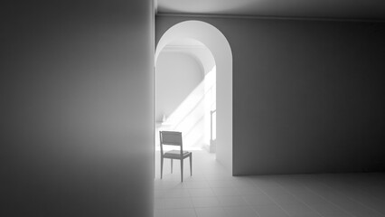 A serene 3D render of a wooden chair placed in a bright hallway with soft sunlight streaming through an arched passage, creating a minimalist and calming architectural interior scene.