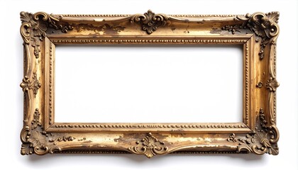 Ornately detailed, rectangular golden picture frame with an aged, worn surface and a white center, presented against a crisp white background
