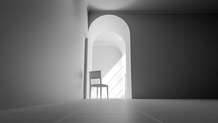 A serene 3D render of a wooden chair placed in a bright hallway with soft sunlight streaming through an arched passage, creating a minimalist and calming architectural interior scene.