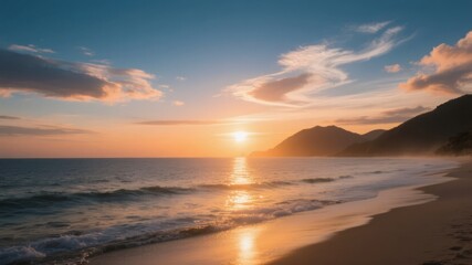 Fototapeta premium Beach at Sunrise/Sunset, Romantic and Aesthetic Vacation Travel Background