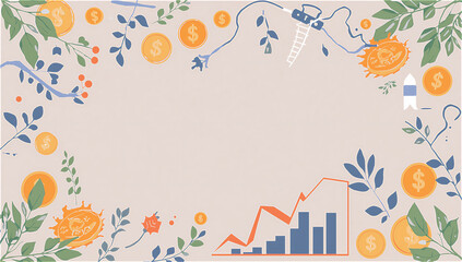 Financial Growth Background with Tropical Leaves, Coins, and Charts - Perfect for Presentation