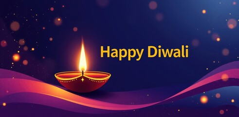 Happy diwali banner featuring a glowing diya lamp on a deep blue background with flowing purple waves and festive lights