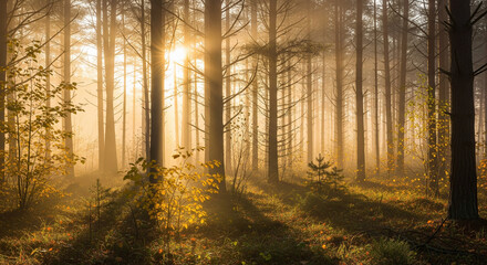 Fototapeta premium Golden sunbeams pierce misty autumn forest, illuminating vibrant yellow foliage and serene woodland path.