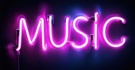 Bright pink neon sign spells music. Dark background creates vibrant contrast. Modern aesthetic, simple design.