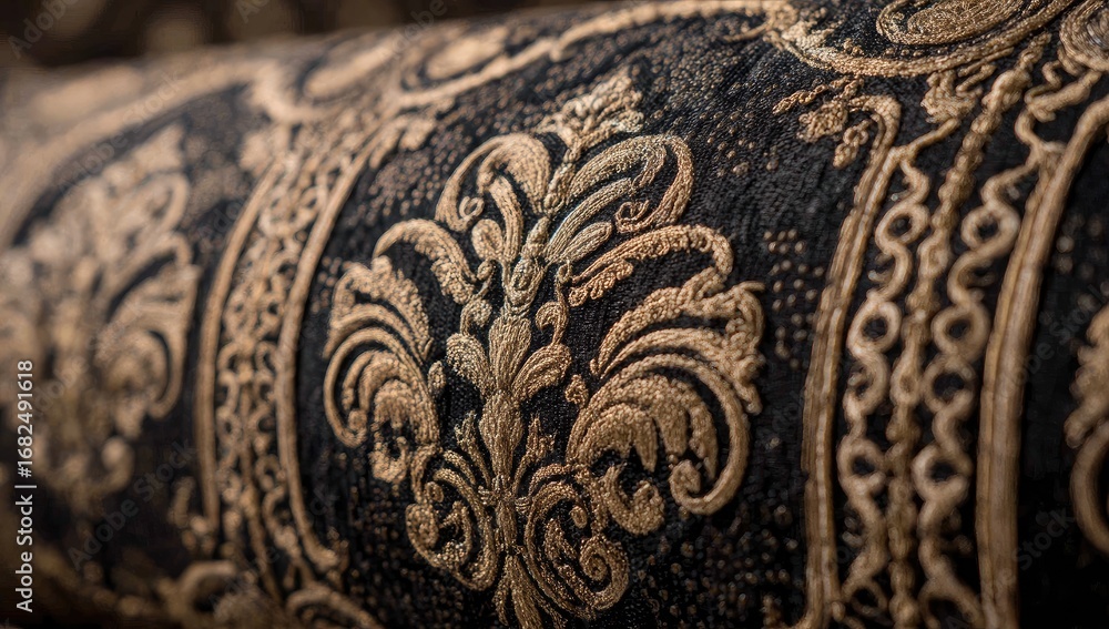 Poster close-up view of a luxurious dark fabric with intricate gold damask patterns.