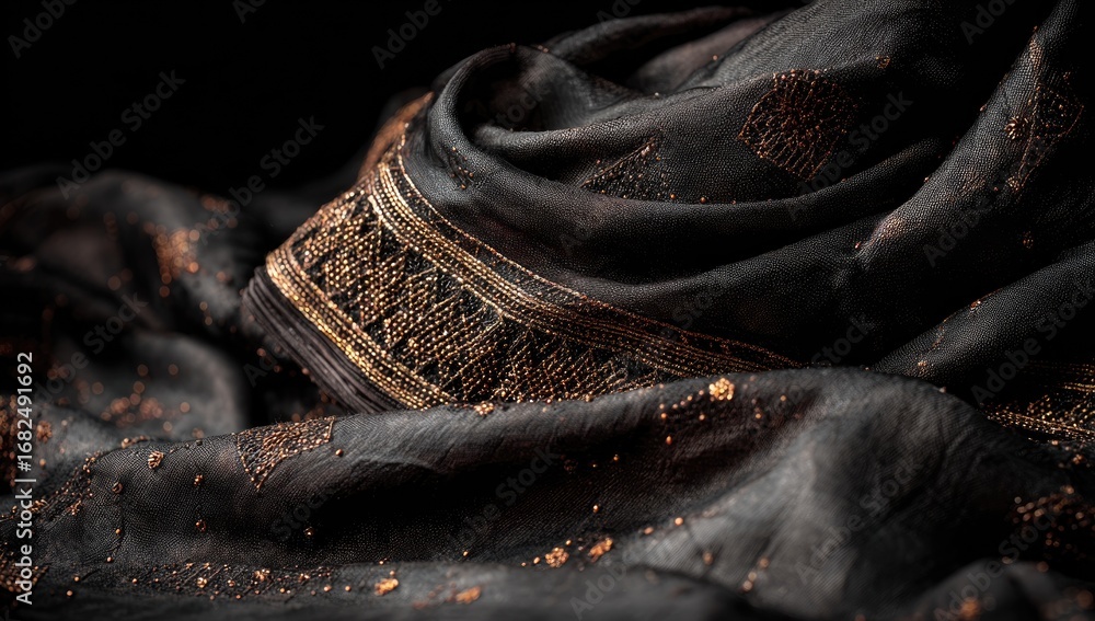 Poster close-up view of a dark fabric with intricate gold embroidery and subtle patterns.