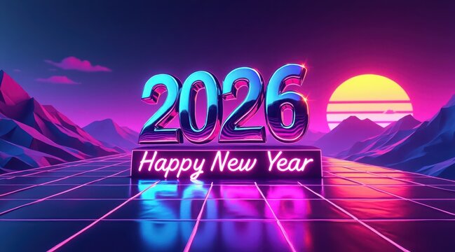 Happy new year 2026 text with retro synthwave sunset and neon mountains