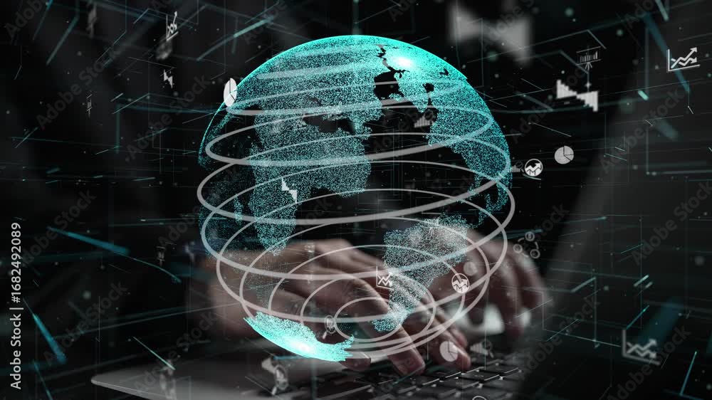 Poster this digital illustration features a stylized globe, surrounded by dynamic data visualizations, high