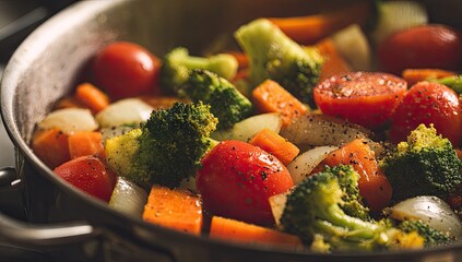 Close-up view of vibrant mixed vegetables in a cooking pan, showcasing a medley of carrots, broccoli, onions, tomatoes, and sweet potatoes.