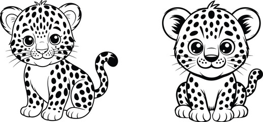 Cute cartoon baby leopards black and white vector, jungle animal illustration for coloring books, kids design, wild cat artwork © Akhi's orld