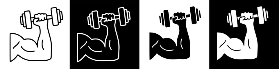 Fototapeta premium Four variations of an arm lifting a dumbbell, shown in black and white, with different color inversions.