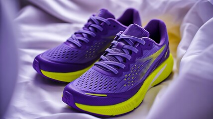 Pair of purple running shoes with neon yellow sole on fabric background 
