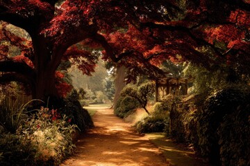 Sun-dappled path winds through autumnal garden, rich red foliage overhead