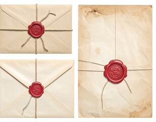 Three envelopes with red wax seals and string, two are plain and one is stained with brown spots, arranged in a collage