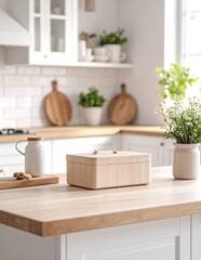 A cozy kitchen counter featuring two rustic wooden cutting boards, one rectangular and one round, surrounded by fresh herbs and kitchen utensils.