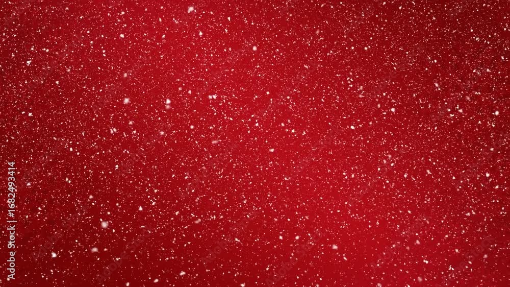 Poster animation of snow falling in seamless loop over red background