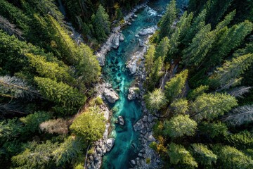 Aerial View of Serene River Flowing Through Green Forest Landscape