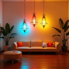 Retro neon lanterns glowing in a mid-century modern setting
