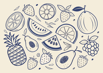 Fototapeta premium Diverse Hand Drawn Fruits and Leaves on Light Background