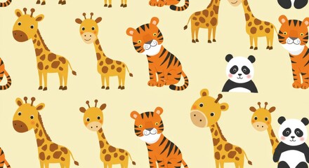 Fototapeta premium Cartoon Giraffes Tigers and Panda Bear Pattern on Yellow Background.