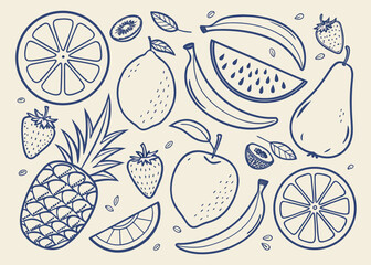 Hand Drawn Assorted Fruits and Berries Collection pineapple