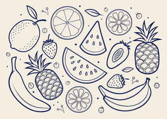 Assorted Hand Drawn Fruits And Berries Line Art illustration