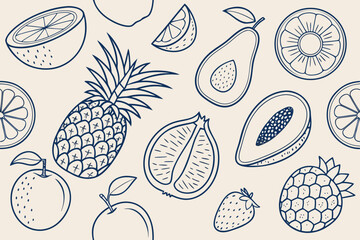 Hand Drawn Fruit Pattern With Pineapple Apple And Papaya