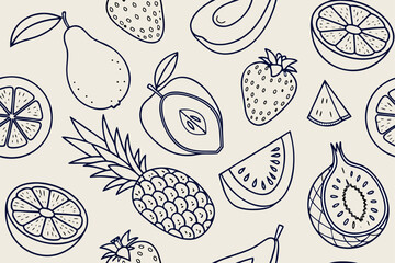 Fototapeta premium Hand Drawn Outline Of Tropical Fruits And Citrus Slices