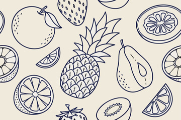 Pattern of fruits in outline style with light beige background