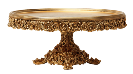 Ornate gold cake stand, round top, carved decorative base