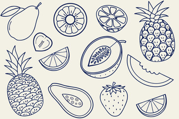 Collection Of Fruits With Dark Blue Outline On Beige Background