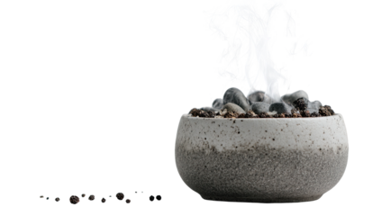 Small, gray ceramic bowl with rocks, emitting white smoke