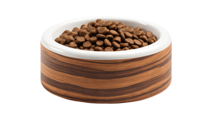 Round bowl filled with pet food.  Wooden-grain design on the bowl's exterior, filled with small, brown food pellets.  White interior rim