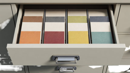 Open drawer, color swatches organized in a file cabinet