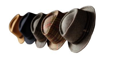 Row of various hats,  hanging,  different colors and patterns