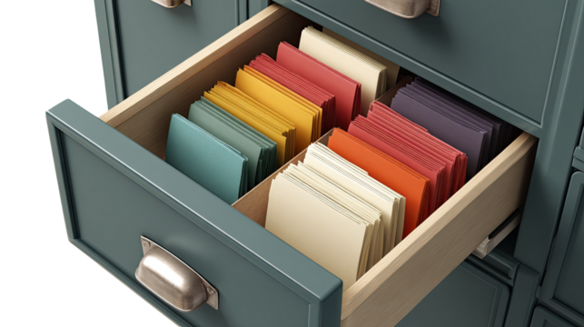 Open drawer filled with colorful file folders