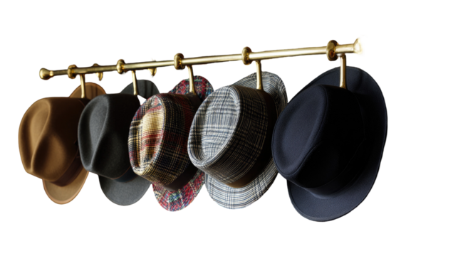 Gold hat rack with various fedoras