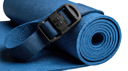 Rolled blue exercise mat with black strap and buckle