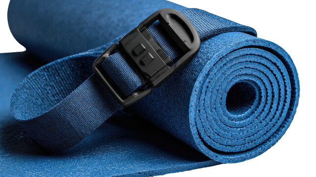 Rolled blue exercise mat with black strap and buckle