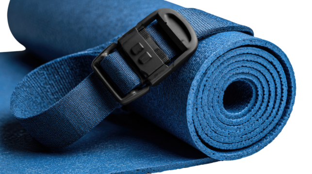 Rolled blue exercise mat with black strap and buckle
