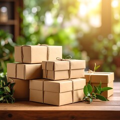 A colorful assortment of cardboard boxes stacked haphazardly on a rustic wooden table, showcasing various sizes and patterns, creating a cozy, cluttered vibe.